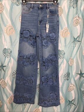 Embellished Blue Lace-Panel Wide Leg Jeans